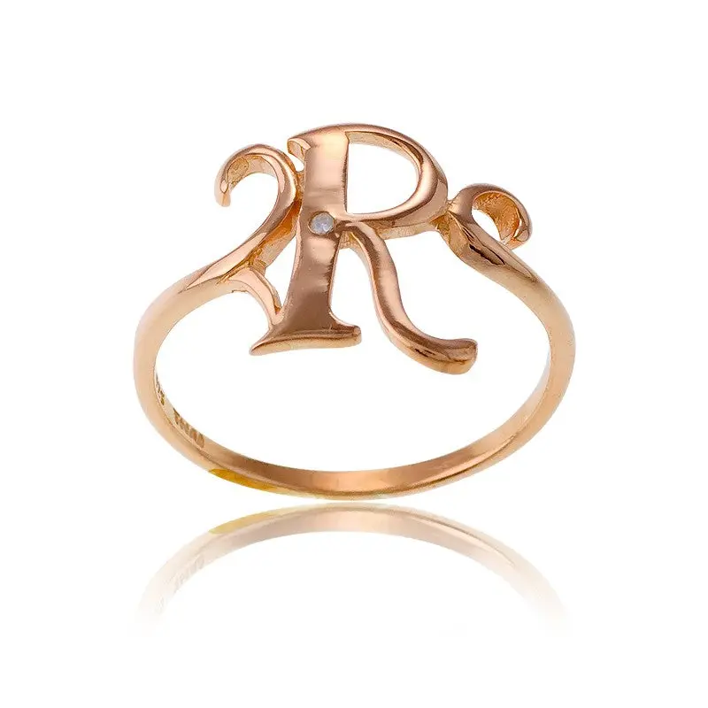 Sterling Silver 1 Micron Rose Gold-plating Single CZ "R" Ring