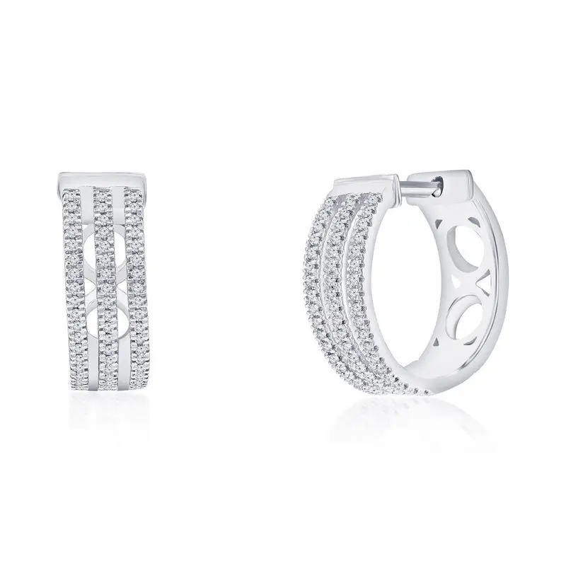 Sterling Silver, 13mm Triple Row Diamond Hoop Earrings - (108 Stones)