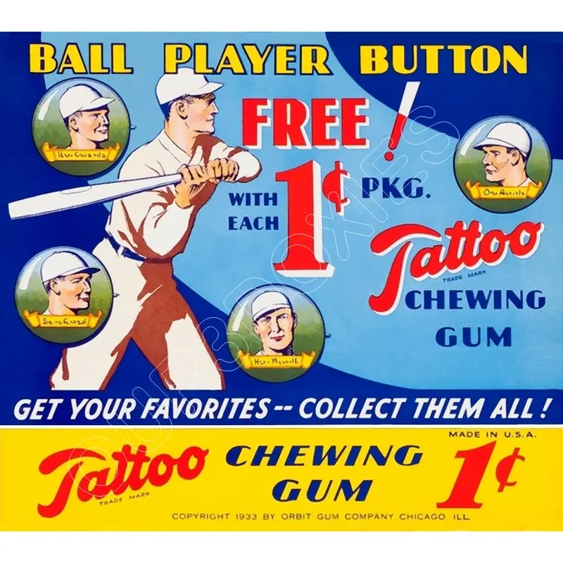 1933 Tattoo Orbit Gum Button Pin Store Counter Advertising Standup Sign - 992