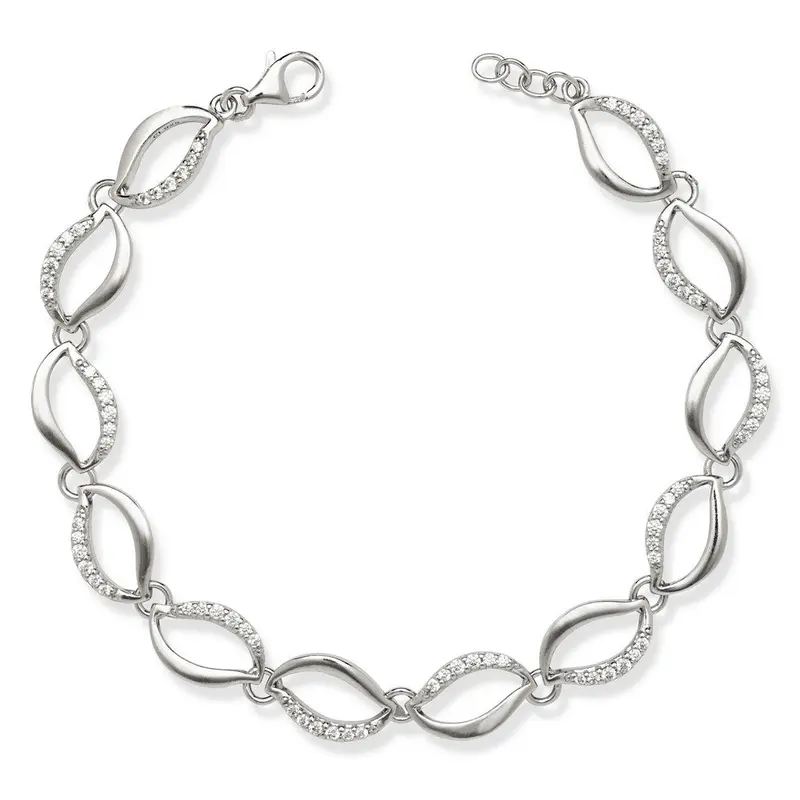Sterling Silver, Wavy Open Ovals Half CZ Bracelet