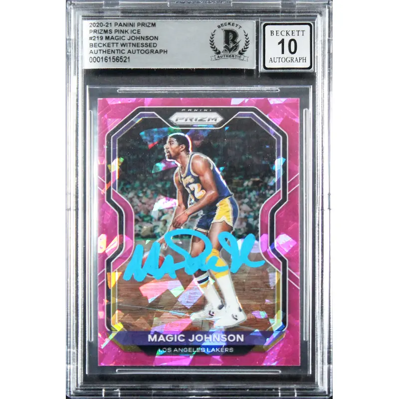 Lakers Magic Johnson Signed 2020 Panini Prizm Pink #219 Card Auto 10 BAS Slabbed