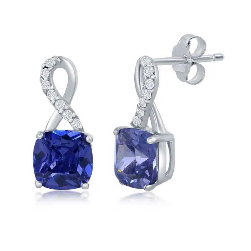 Sterling Silver Half CZ Infinity with Square Tanzanite CZ Earrings