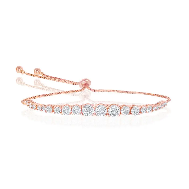 Sterling Silver Round Graduating CZ Bolo Tennis Bracelet - Rose Gold Plated