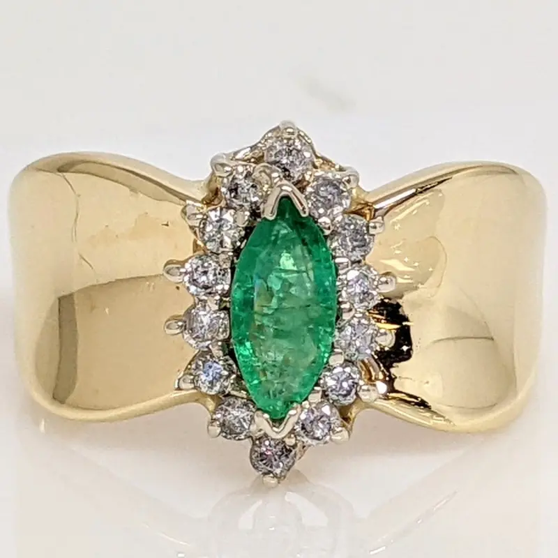 14K EMERALD MARQUISE 3.5X7 WITH .21 DIAMOND TOTAL WEIGHT ESTATE RING 3.4 GRAMS