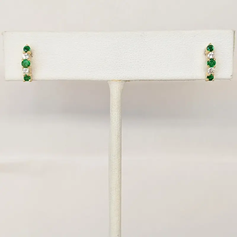 14K EMERALD ROUND (6)2MM DIAMOND ROUND (4) DROP ESTATE EARRINGS 1.3 GRAMS