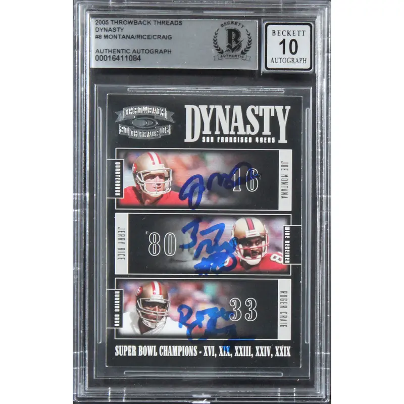 49ers (3) Montana, Rice & Craig Signed 2005 TB Threads #8 Card Auto 10! BAS Slab