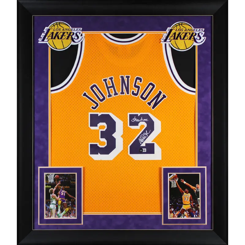 Lakers Magic Johnson "Showtime" Signed Yellow M&N HWC Framed Jersey BAS Witness