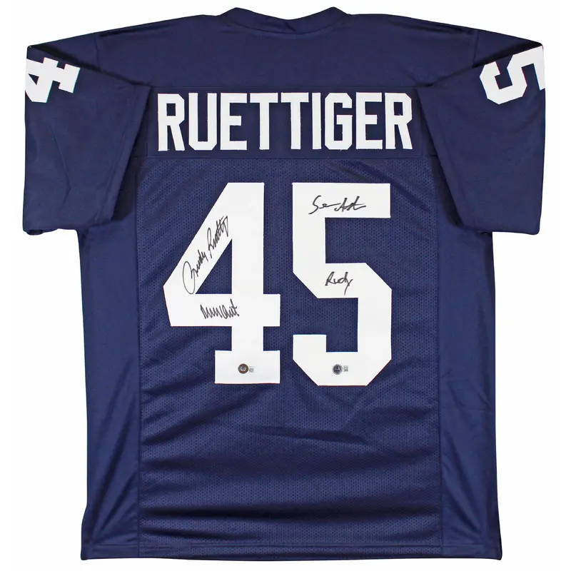 Notre Dame Rudy Ruettiger & Sean Astin Signed Navy Pro Style Jersey BAS Witness