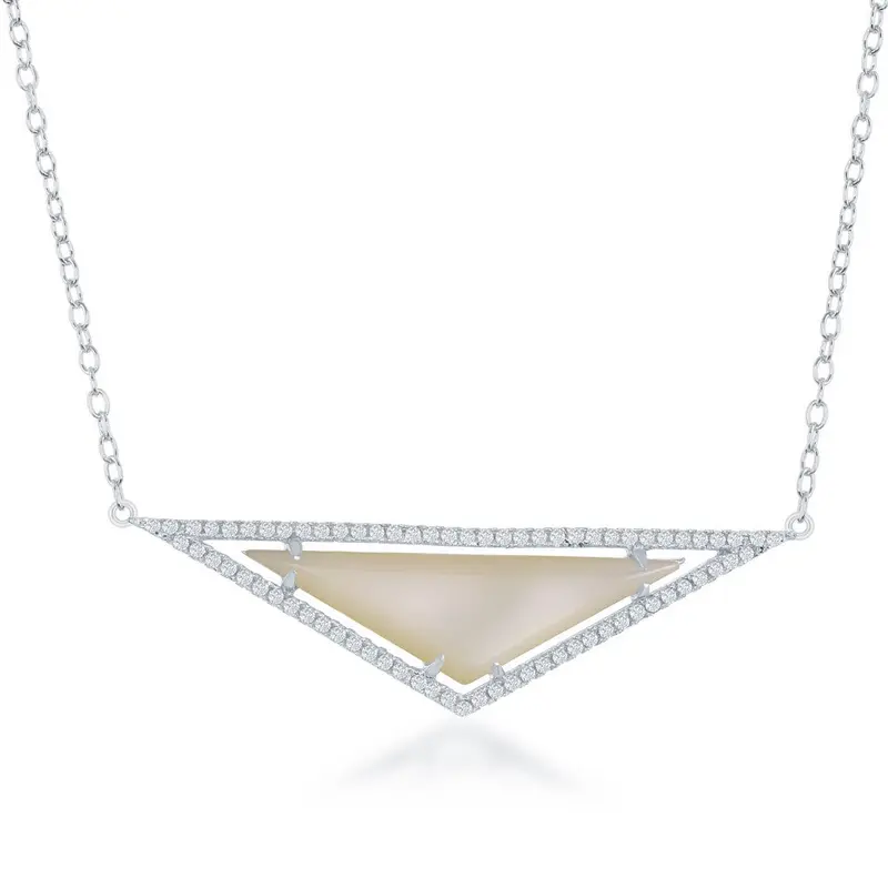 Sterling Silver  White MOP with CZ Border Triangle Necklace