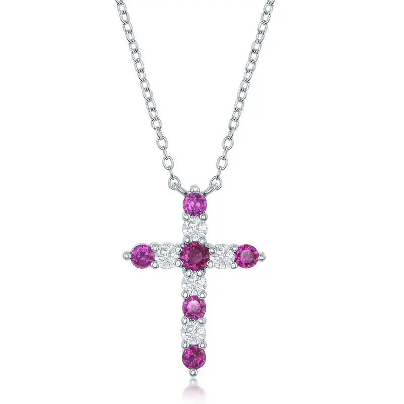 Sterling Silver Ruby CZ 'July Birthstone' Cross Necklace