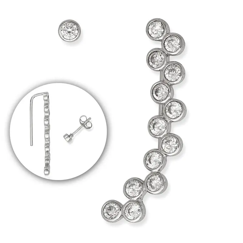Sterling Silver Bezel Set Zig Zag CZ Climber and One Stud Earrings