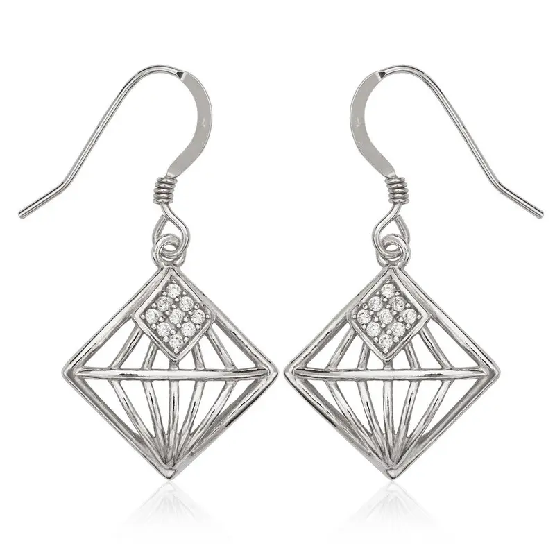 Sterling Silver Diamond Shape with CZ Center Earrings