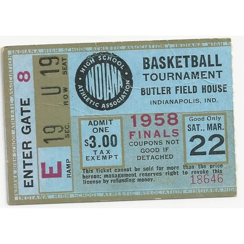 1958 Indiana High School Basketball State Finals Ticket Stub
