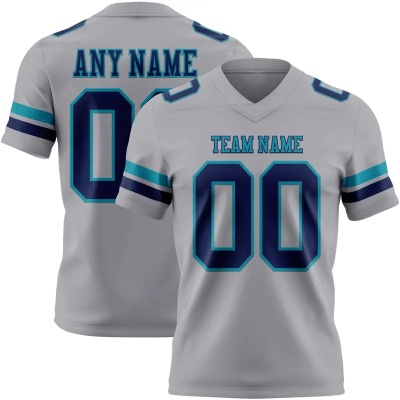 Custom Gray Navy-Teal Mesh Authentic Football Jersey