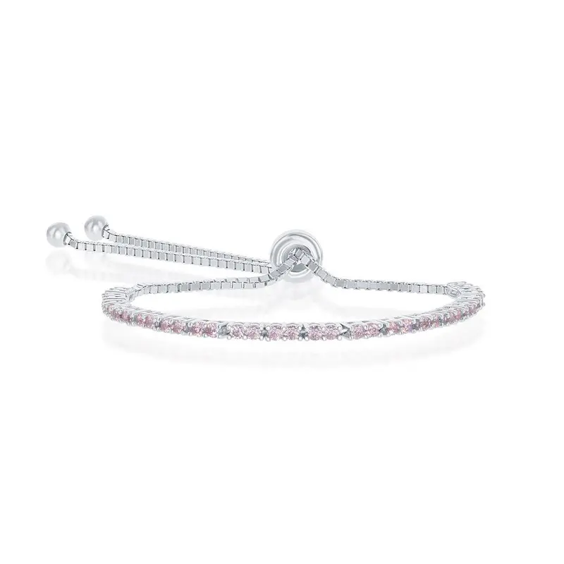 Sterling Silver 2MM Pink CZ 'October Birthstone' Tennis Adjustable Bolo Bracelet