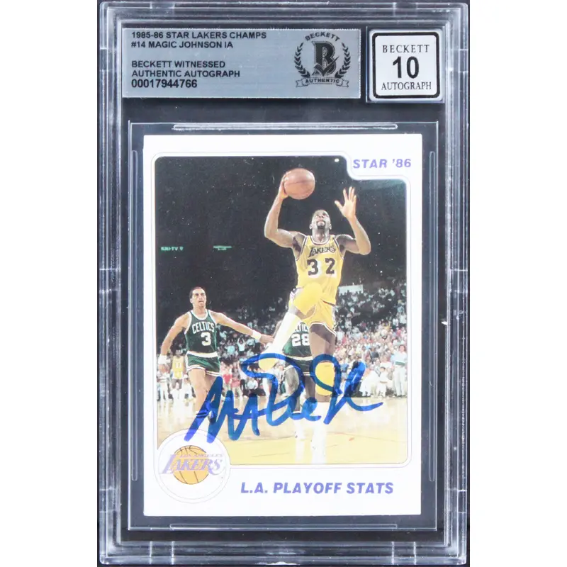 Lakers Magic Johnson Signed 1985 Star Lakers Champs #14 Card Auto 10! BAS Slab