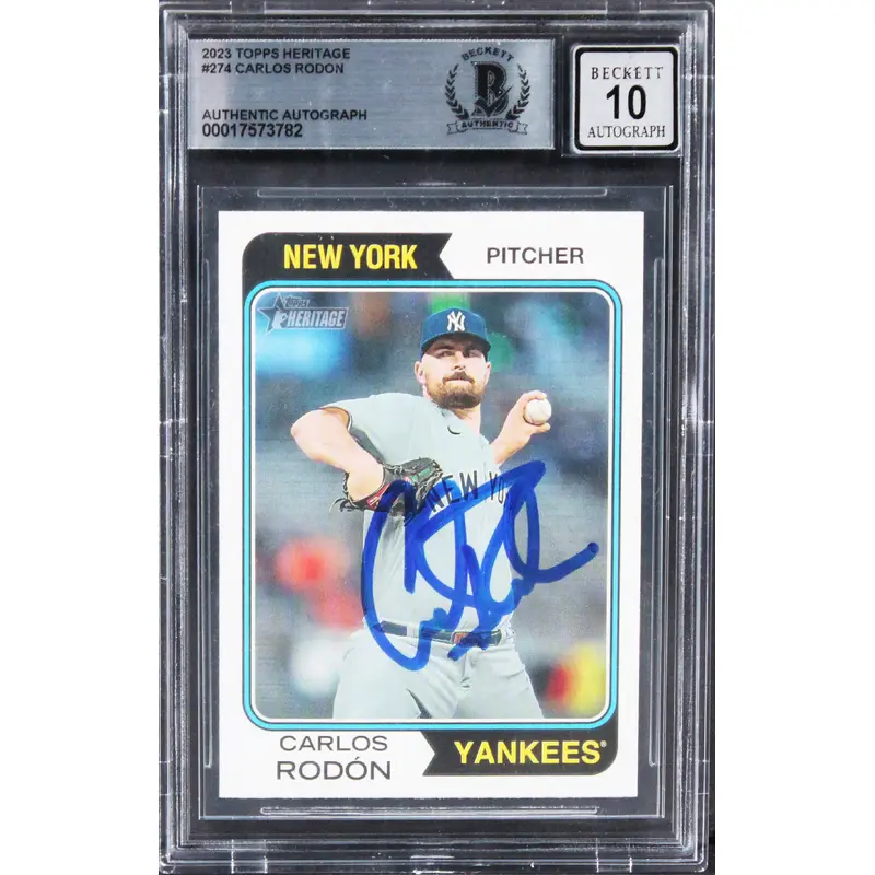 Yankees Carlos Rodon Signed 2023 Topps Heritage #274 Card Auto 10! BAS Slabbed