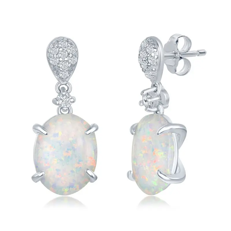 Sterling Silver Micro Pave White Inlay Four-Prong Oval Dangle Earrings