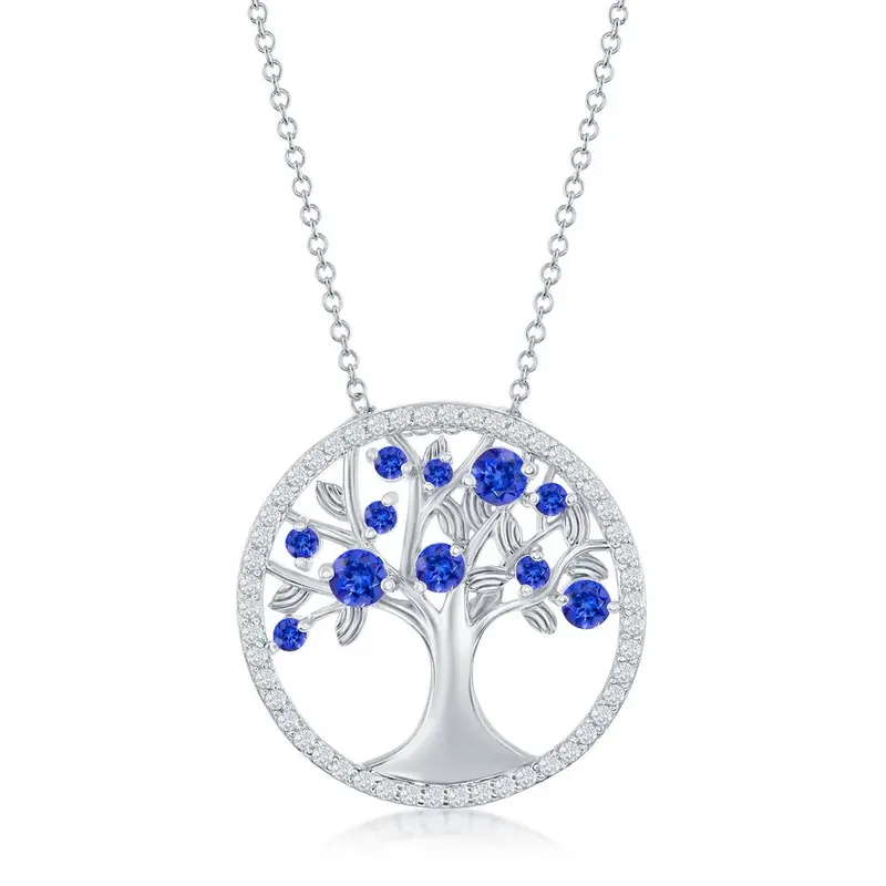 Sterling Silver 'September' Birthstone Tree of Life Necklace -  Sapphire CZ