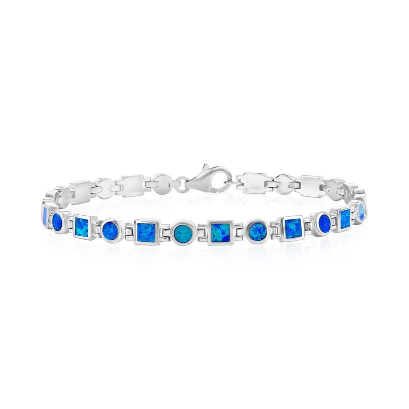 Sterling Silver Blue Inlay Opal Squares and Circles Link Bracelet