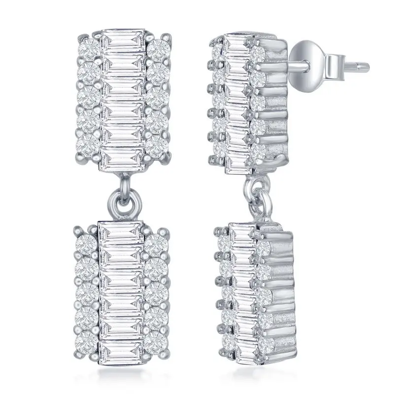 Sterling Silver Double Rectangle Baguette CZ Earrings