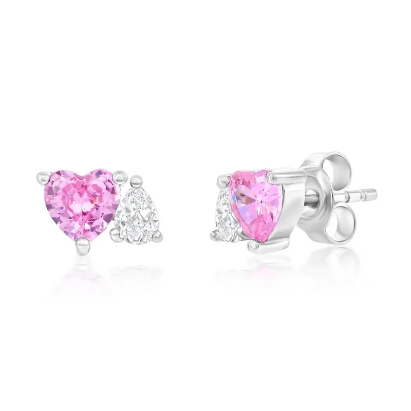Sterling Silver Heart & Pearshaped CZ Stud Earrings -  Pink