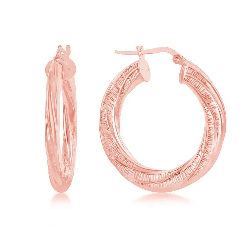 Sterling Silver Twist Design 30mm Hoop Earrings - Rose Gold Plated