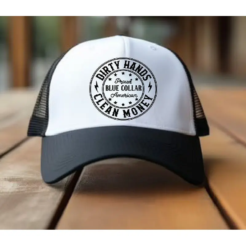 Dirty Hands, Clean Money DTF Printed Black & White Trucker Hat