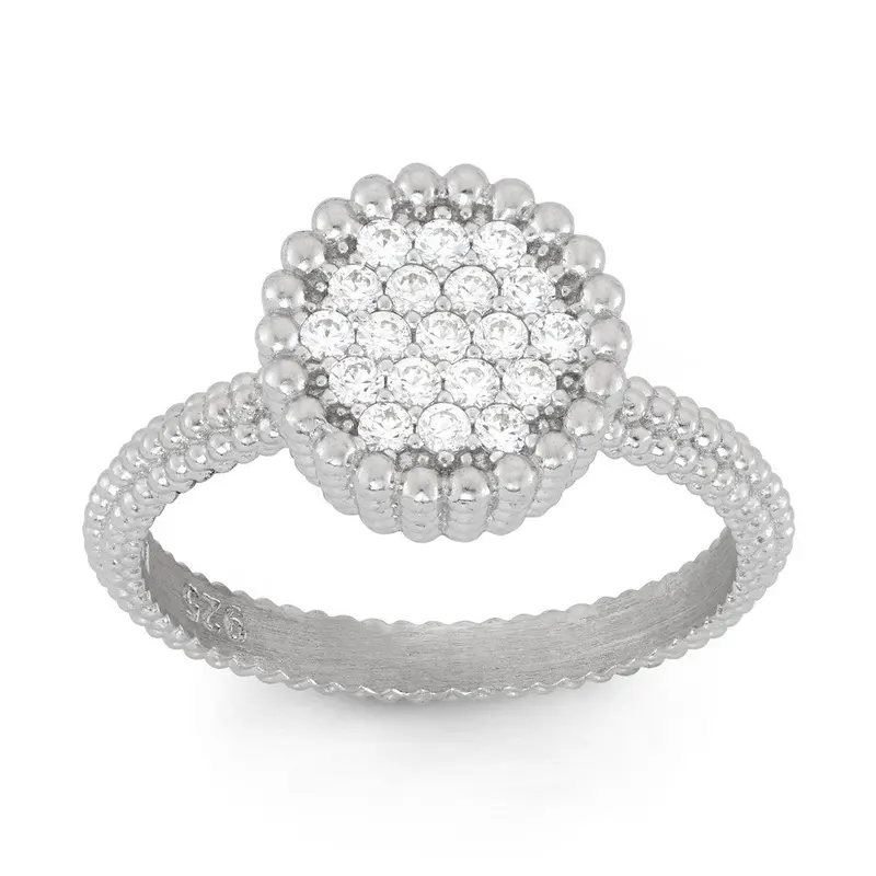 Sterling Silver, Small Round CZ with Beaded Border Ring