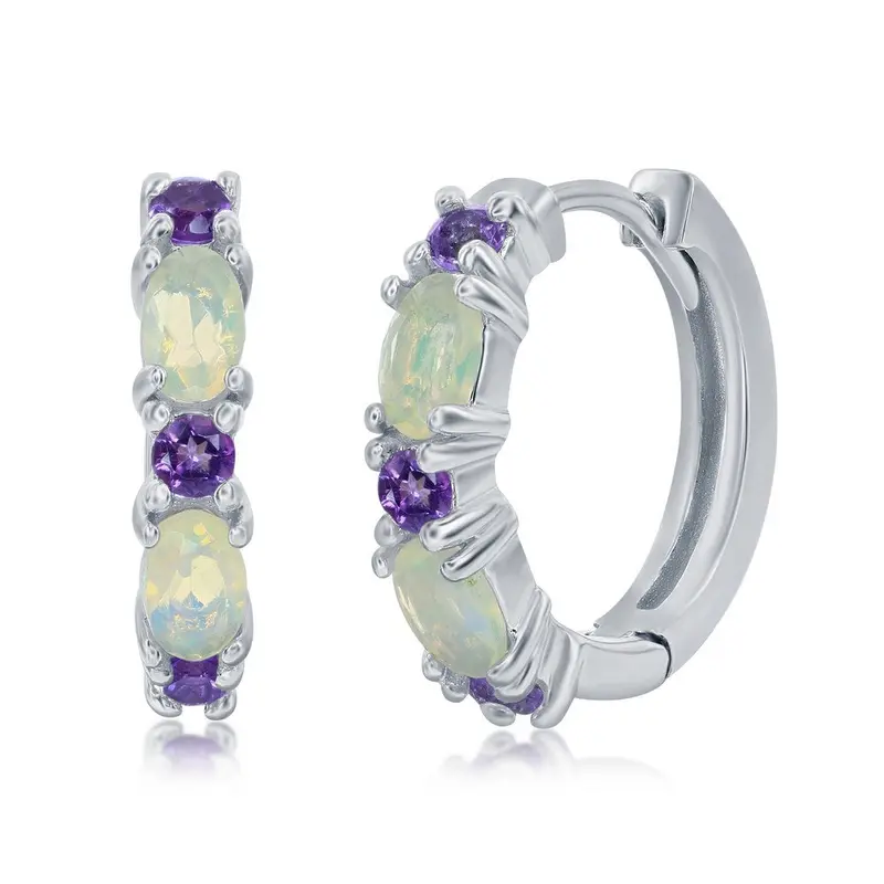 Sterling Silver White Opal & Amethyst 18mm Hoop Earrings
