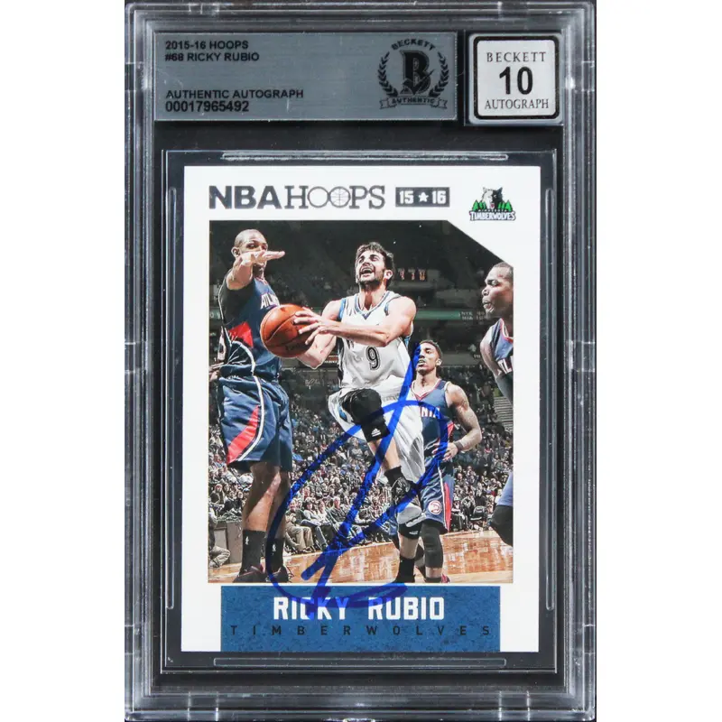 Timberwolves Ricky Rubio Signed 2015 Hoops #68 Card Auto Graded 10! BAS Slabbed