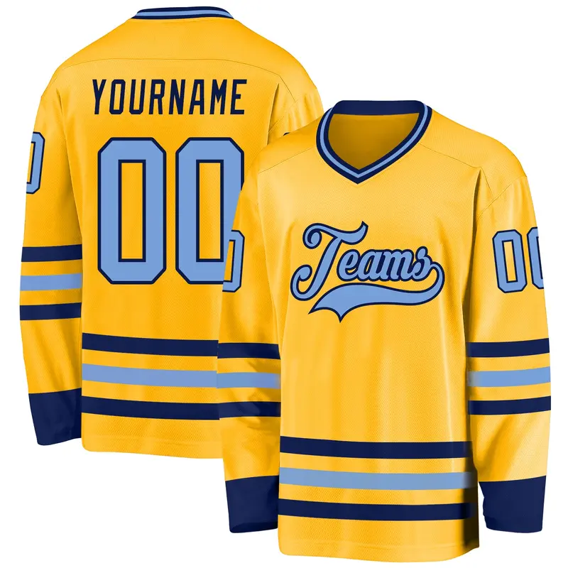 Custom Gold Light Blue-Navy Hockey Jersey