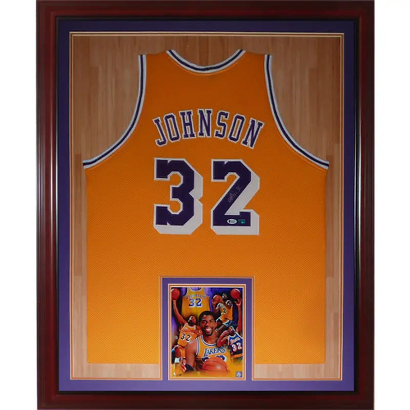 Magic Johnson Autographed Los Angeles Lakers (Yellow #32) Deluxe Framed Jersey - Beckett