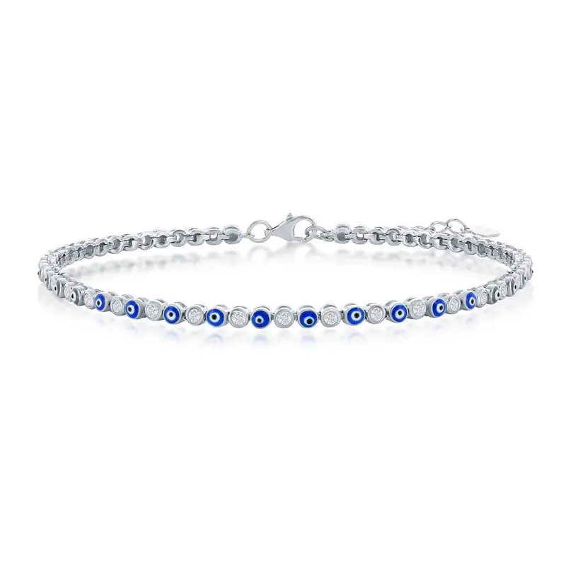 Sterling Silver, Alternating Evil Eye and CZ Tennis Bracelet