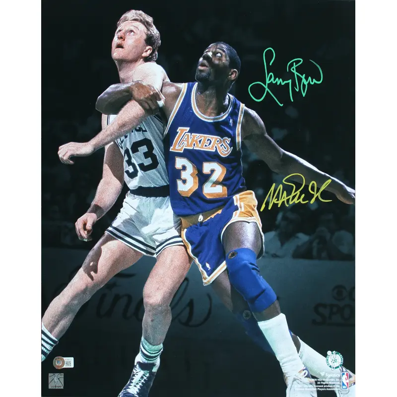 Magic Johnson & Larry Bird Signed 16x20 Vertical Spotlight Photo BAS Witnessed