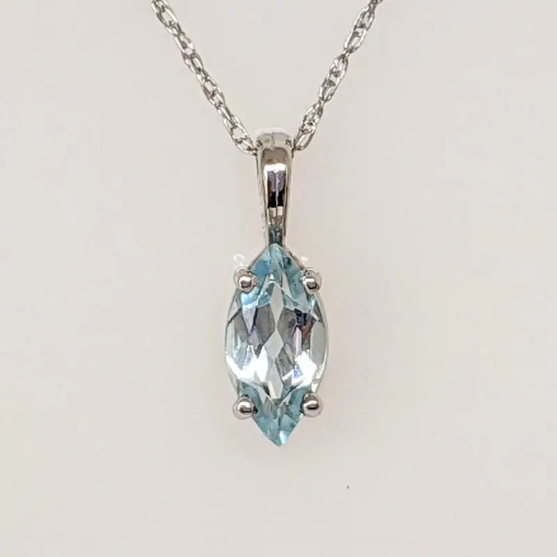14K WHITE AQUAMARINE MARQUISE 4X8 ESTATE PENDANT & CHAIN 0.9 GRAMS