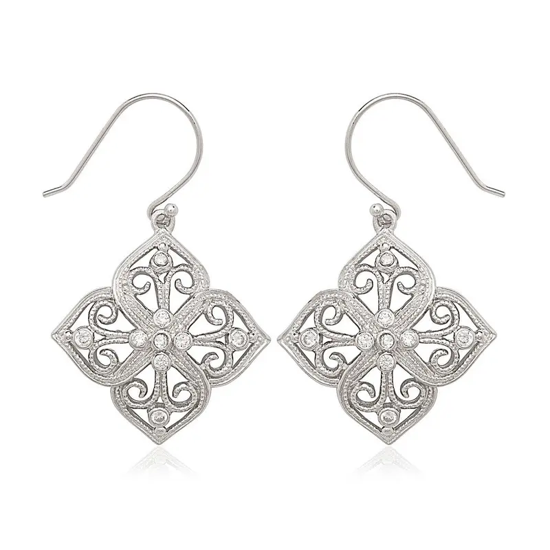 Sterling Silver Square Fancy Design with CZ Earrings