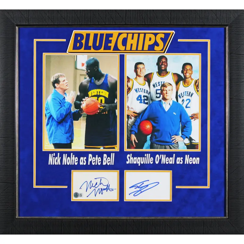 Shaquille O'Neal & Nick Nolte Blue Chips Signed Index Card Framed Display BAS