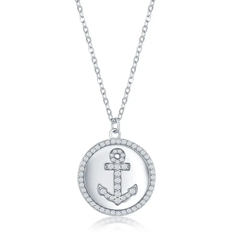 Sterling Silver Micro Pave CZ Disc Necklace - Anchor