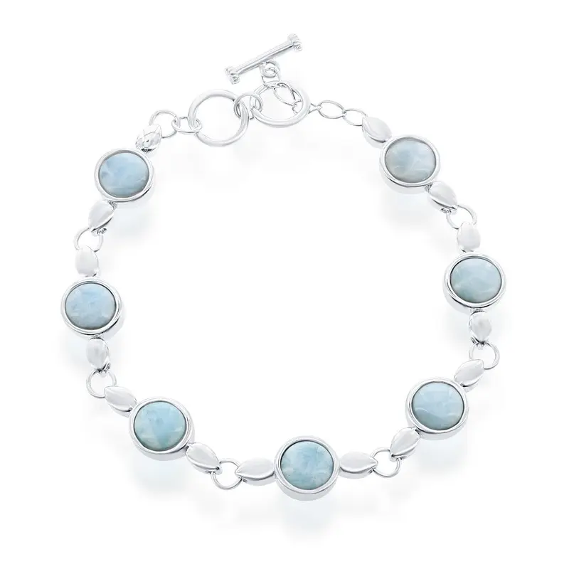 Sterling Silver, Round Bezel-Set Larimar Linked Toggle Bracelet