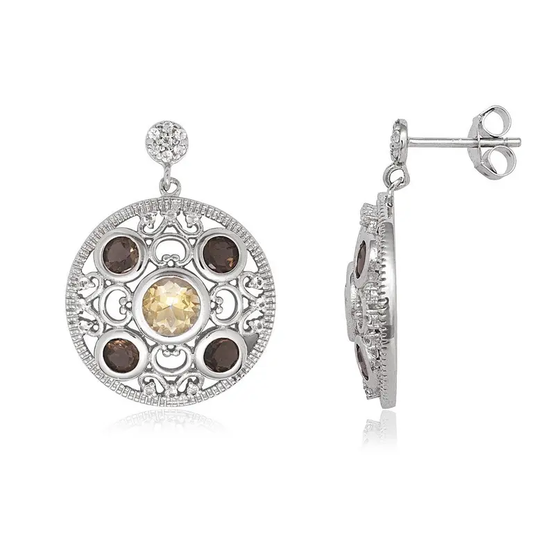 Sterling Silver Round Citrine, Smokey and White Topaz Earrings
