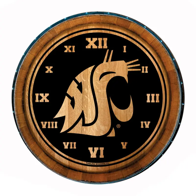 Hand Made WSU Engraved Wine Barrel Clock