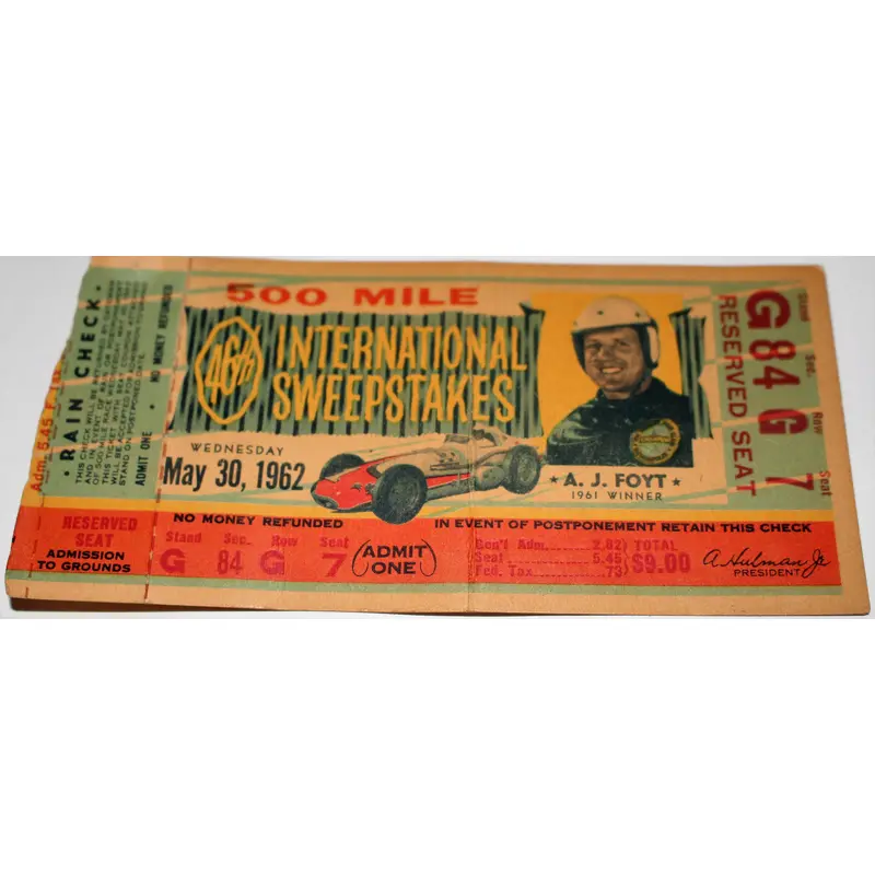 1962 Indy 500 Ticket Stub, A.J. Foyt on Face