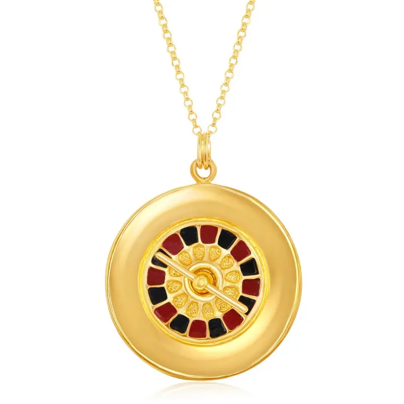 Sterling Silver Gold Plated with Red & Black Enamel Roulette Wheel Necklace