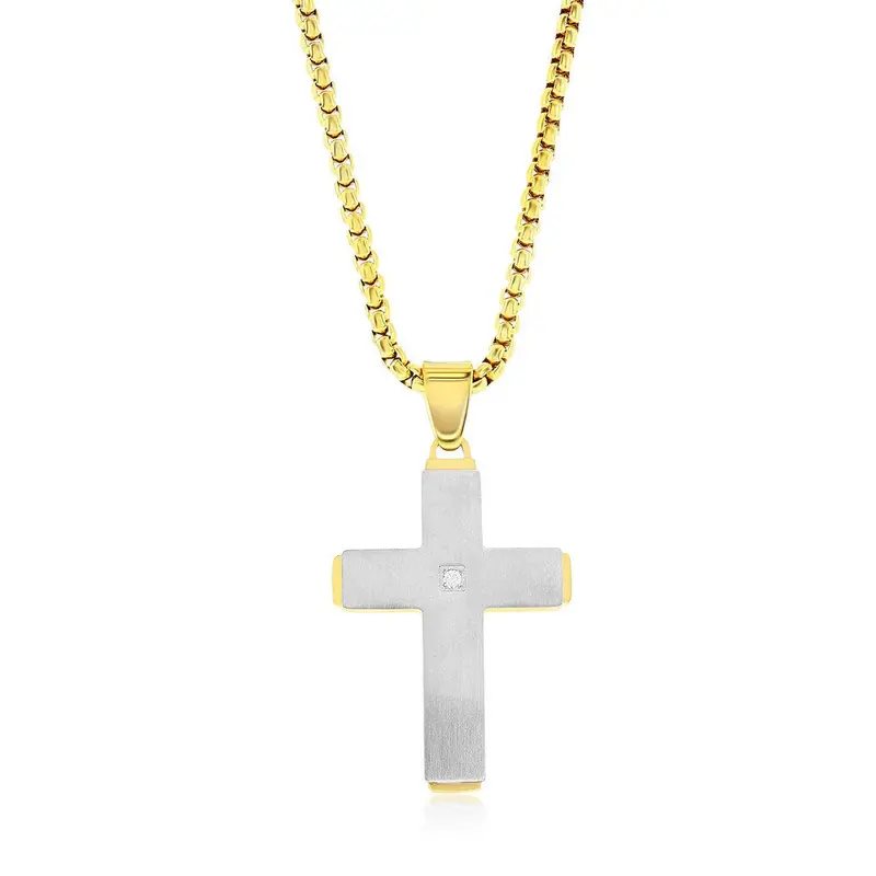 Stainless Steel Silver & Gold Single CZ Cross Necklace