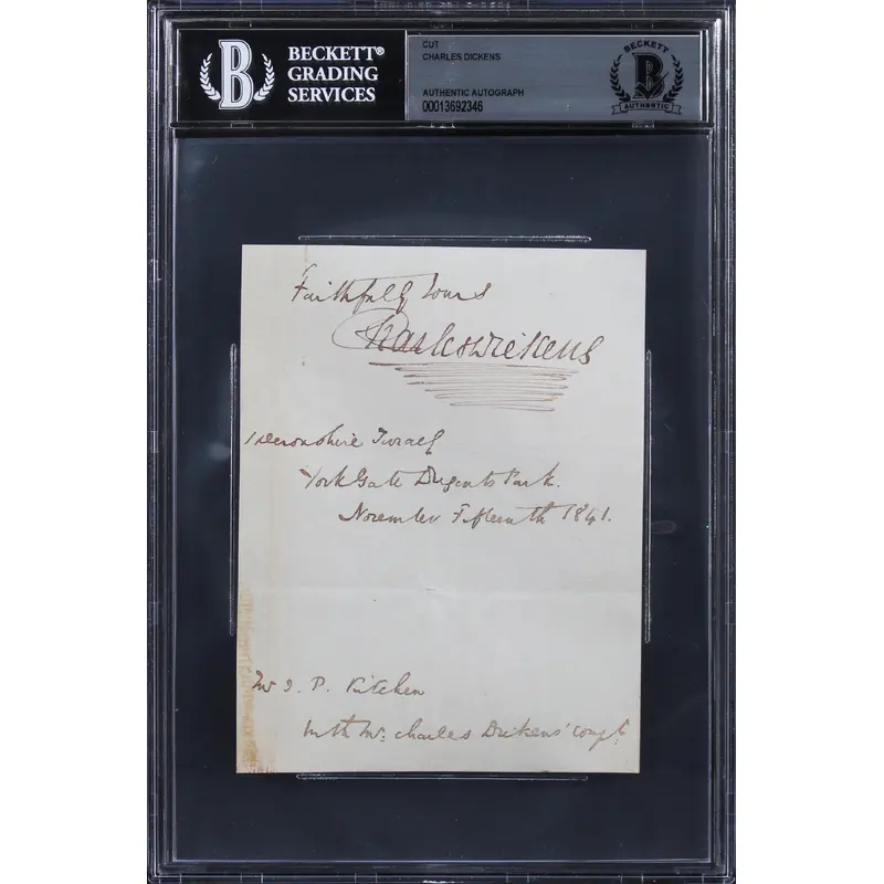 Charles Dickens "Faithfully Yours" Authentic Signed 4x5.5 Cut Signature BAS Slab