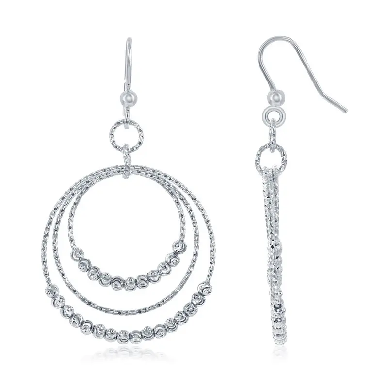 Sterling Silver Triple Circle with Diamond Moon Cut Beads Earrings