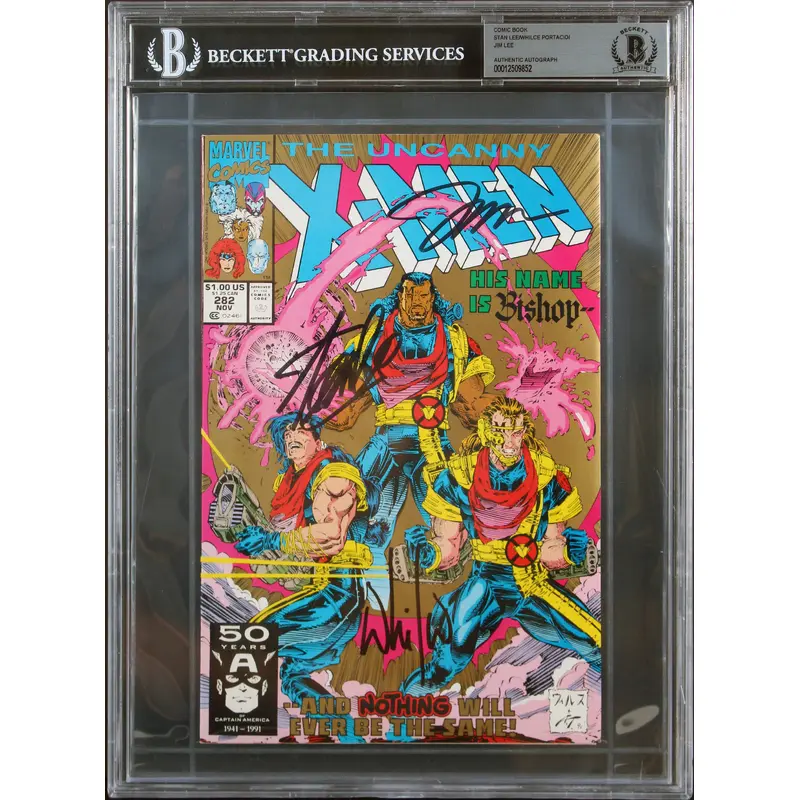 (3) Stan Lee, Portacio & Lee Signed The Ucanny X-Men #282 Comic BAS Slabbed