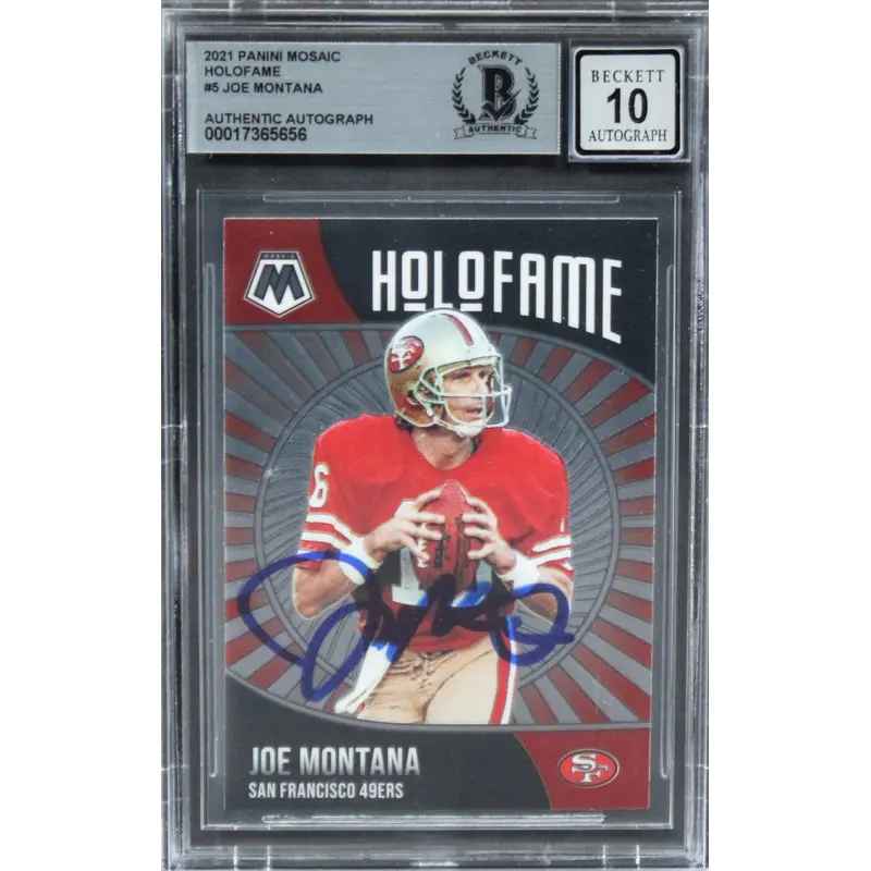 49ers Joe Montana Signed 2021 Panini Mosaic Holofame #5 Card Auto 10! BAS Slab