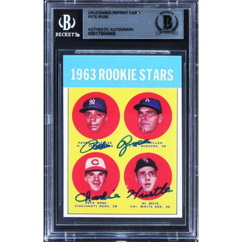 Reds Pete Rose "Charlie Hustle" Signed 1963 Rookie Reprint Card BAS Slabbed